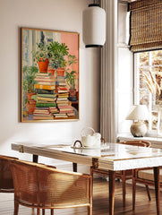 Botanical bookshelf poster featuring stacks of colorful books and various potted green plants by a window. - Image 2