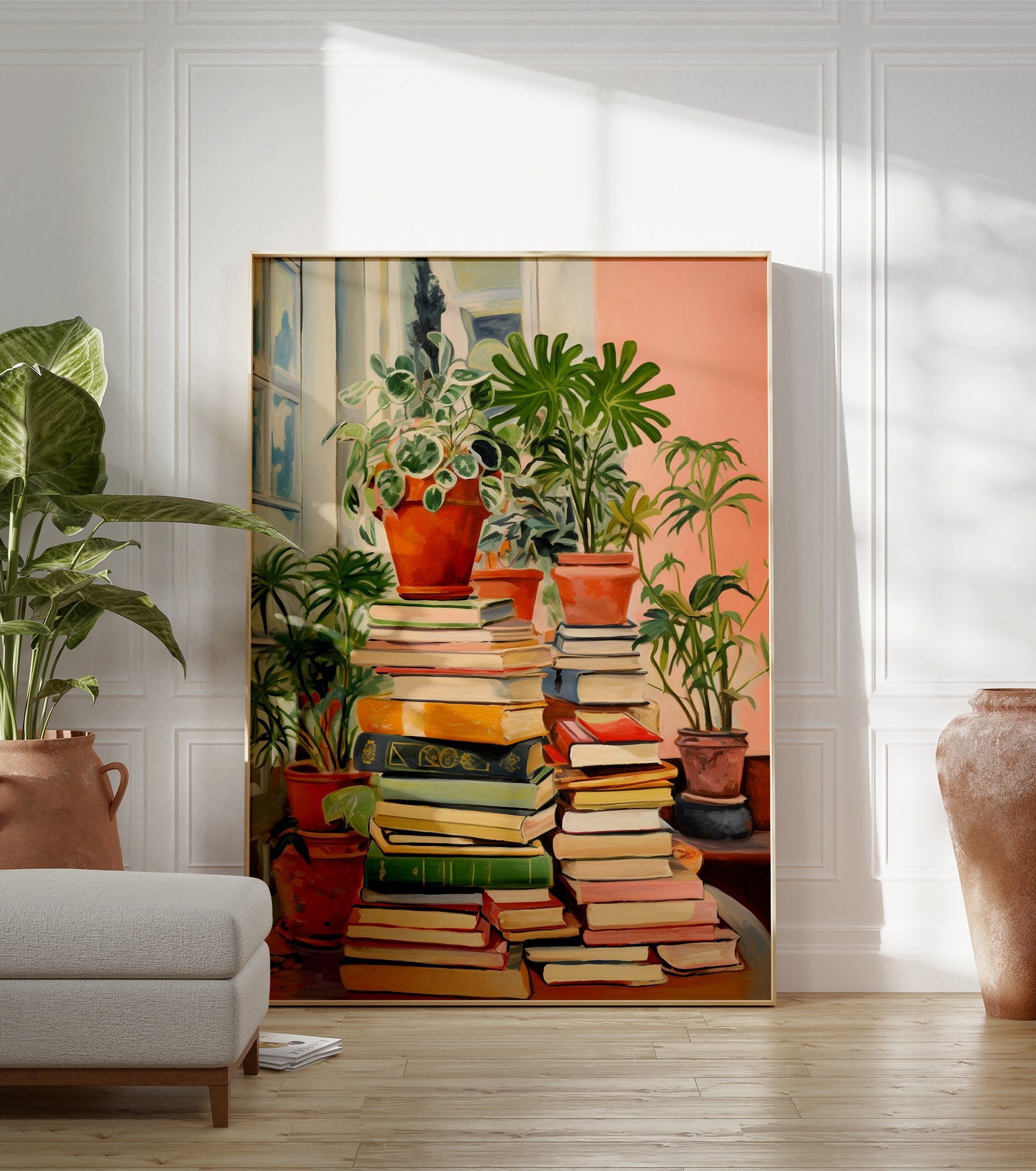 Botanical bookshelf poster featuring stacks of colorful books and various potted green plants by a window. - Image 3