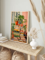 Botanical bookshelf poster featuring stacks of colorful books and various potted green plants by a window. - Image 4