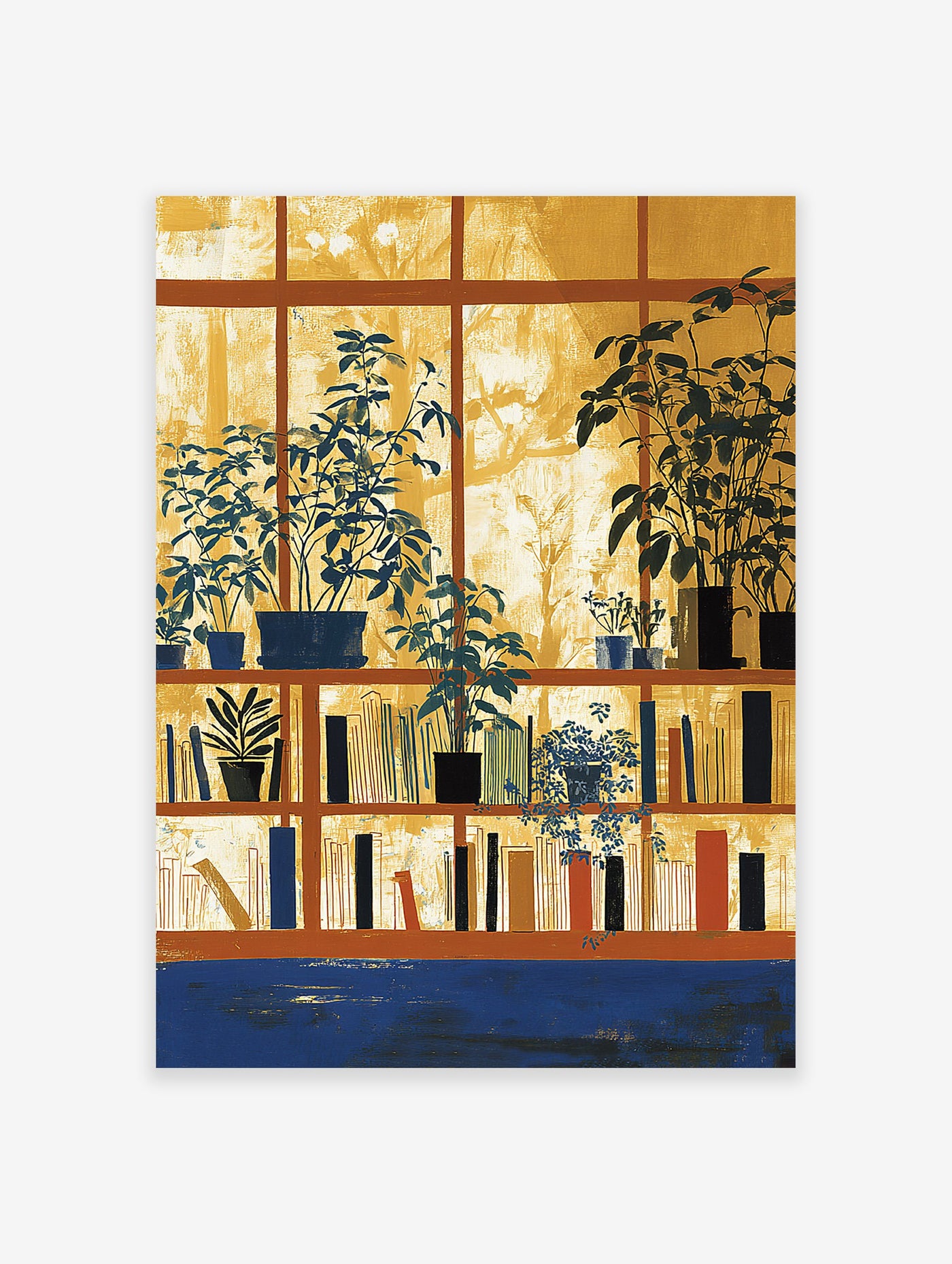 Botanical bookshelf wall art with potted plants in a window and books on shelves, in yellow, blue, and brown tones.
