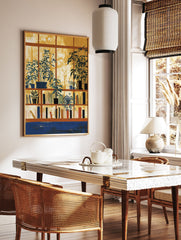 Botanical bookshelf wall art with potted plants in a window and books on shelves, in yellow, blue, and brown tones. - Image 2
