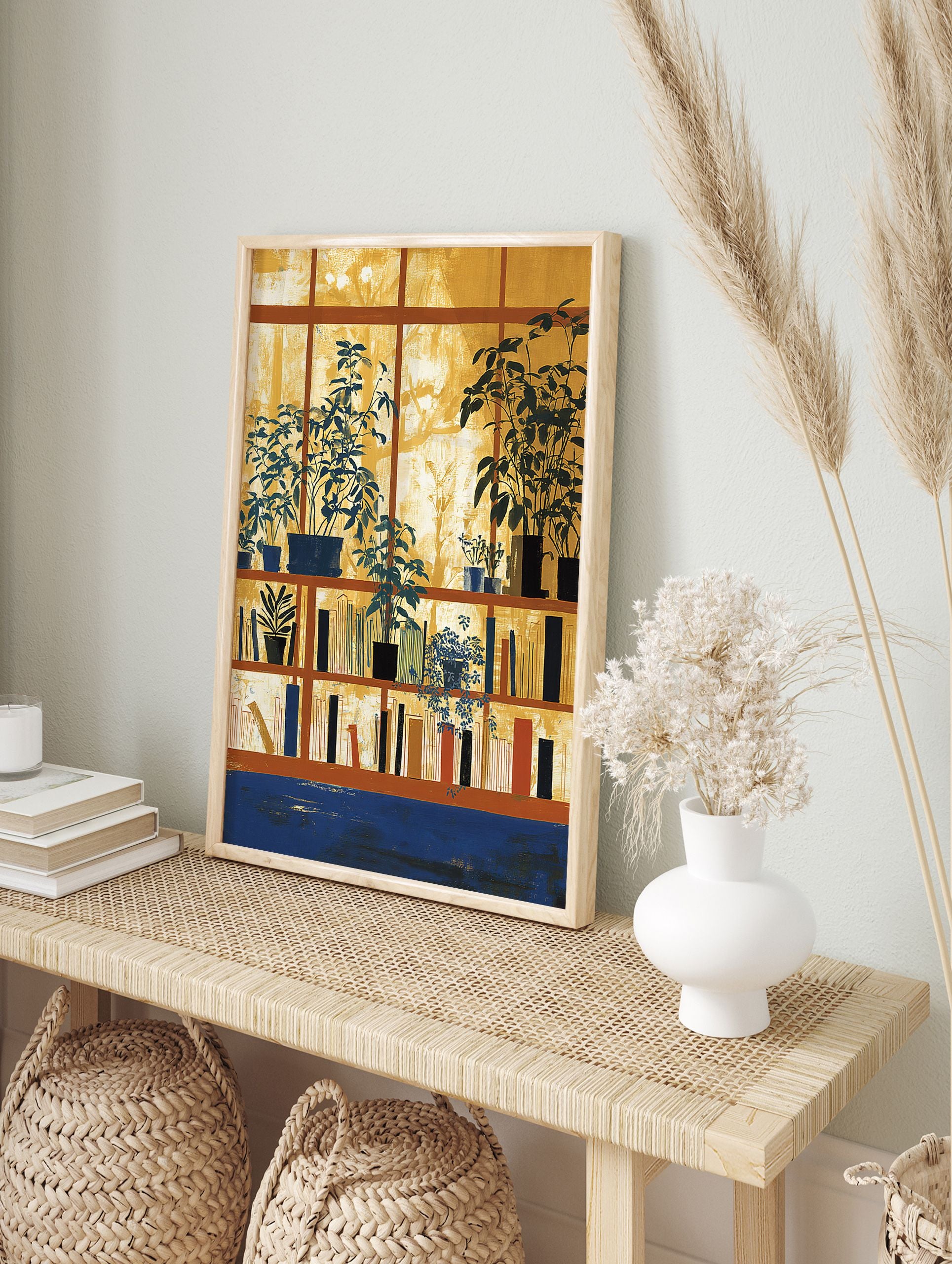 Botanical bookshelf wall art with potted plants in a window and books on shelves, in yellow, blue, and brown tones. - Image 3