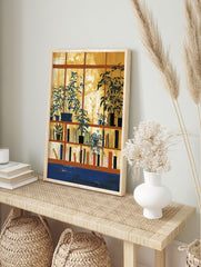 Botanical bookshelf wall art with potted plants in a window and books on shelves, in yellow, blue, and brown tones. - Image 3