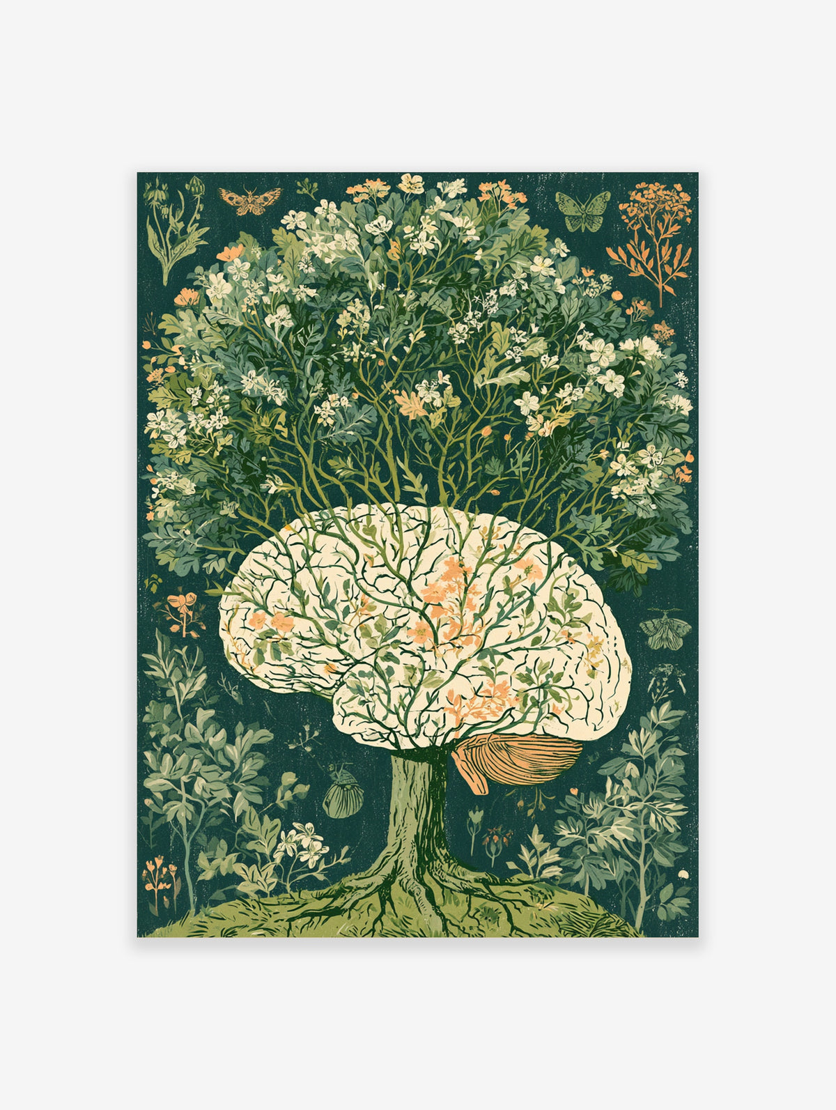 Botanical brain tree poster with flowering branches and green leaves on dark green background