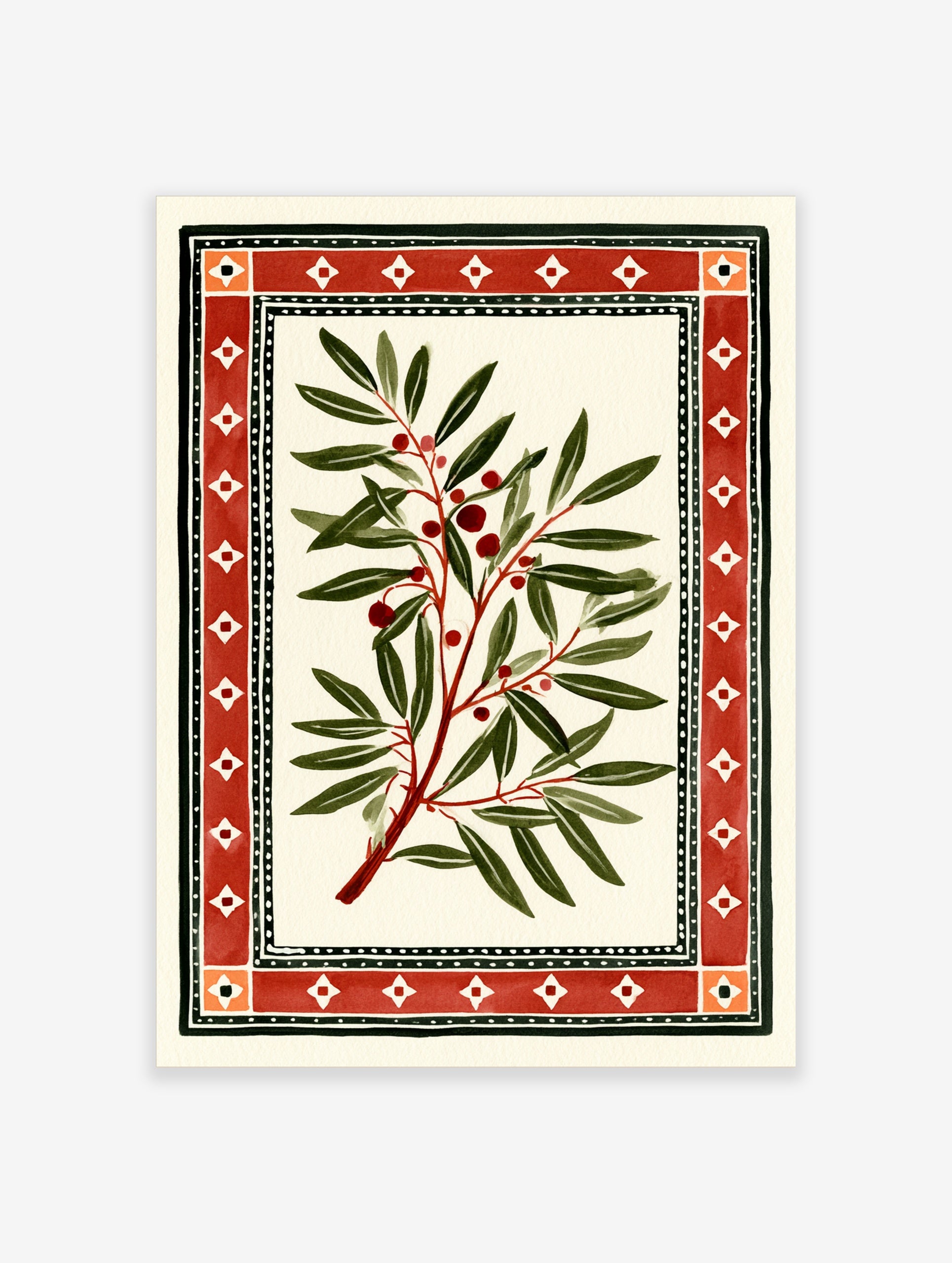 Botanical branch illustration with red berries and a geometric red border on a white background