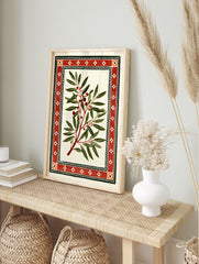 Botanical branch illustration with red berries and a geometric red border on a white, in an alternate framed mockup