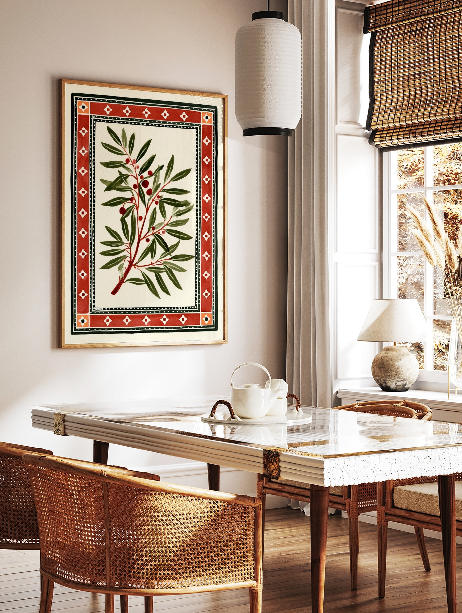 Botanical branch illustration with red berries and a geometric red border on a white background, in a styled room mockup