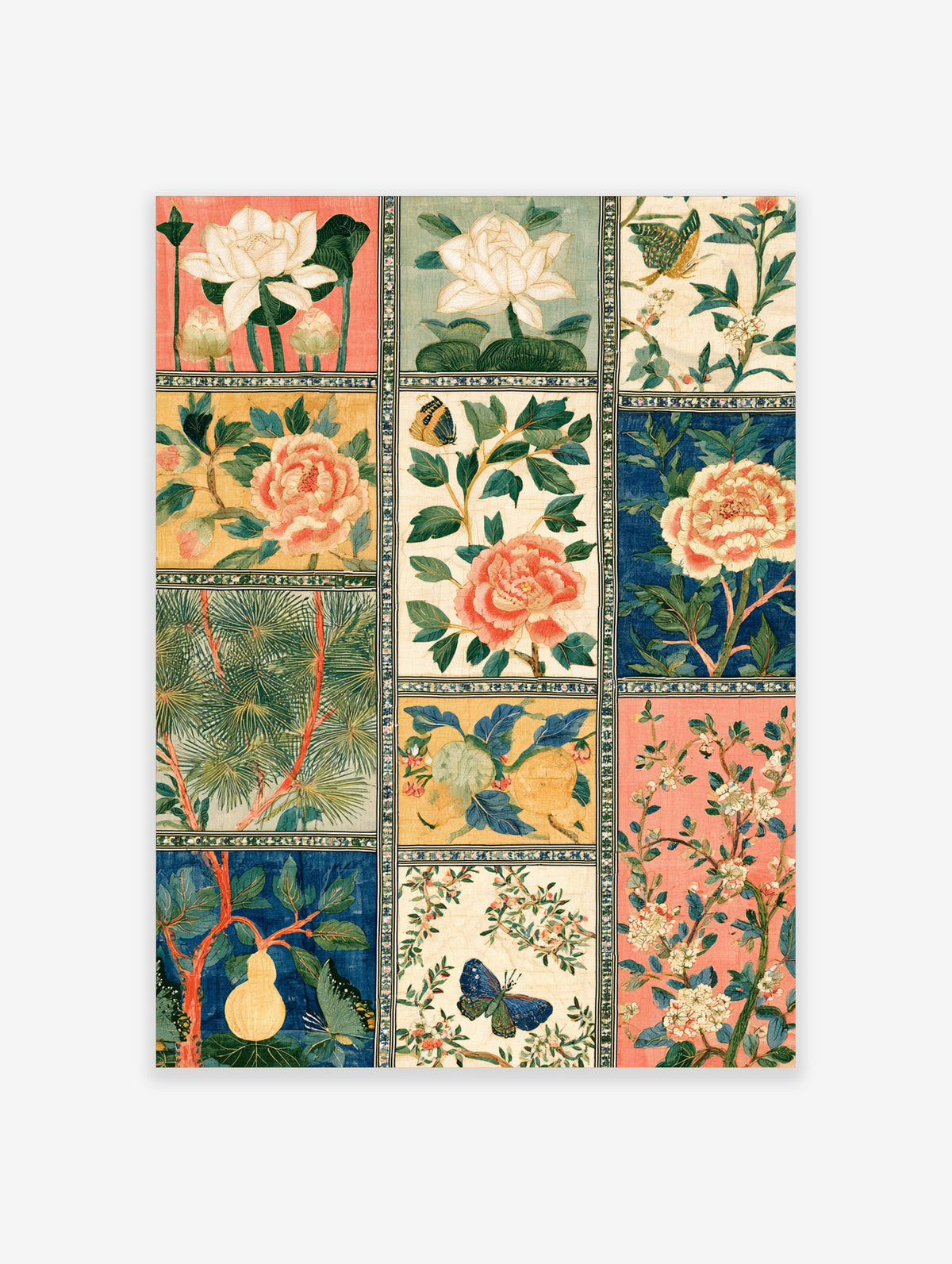 Botanical chinoiserie art print with lotus, peony, pine, gourds, and butterflies in pink, blue, and green panels
