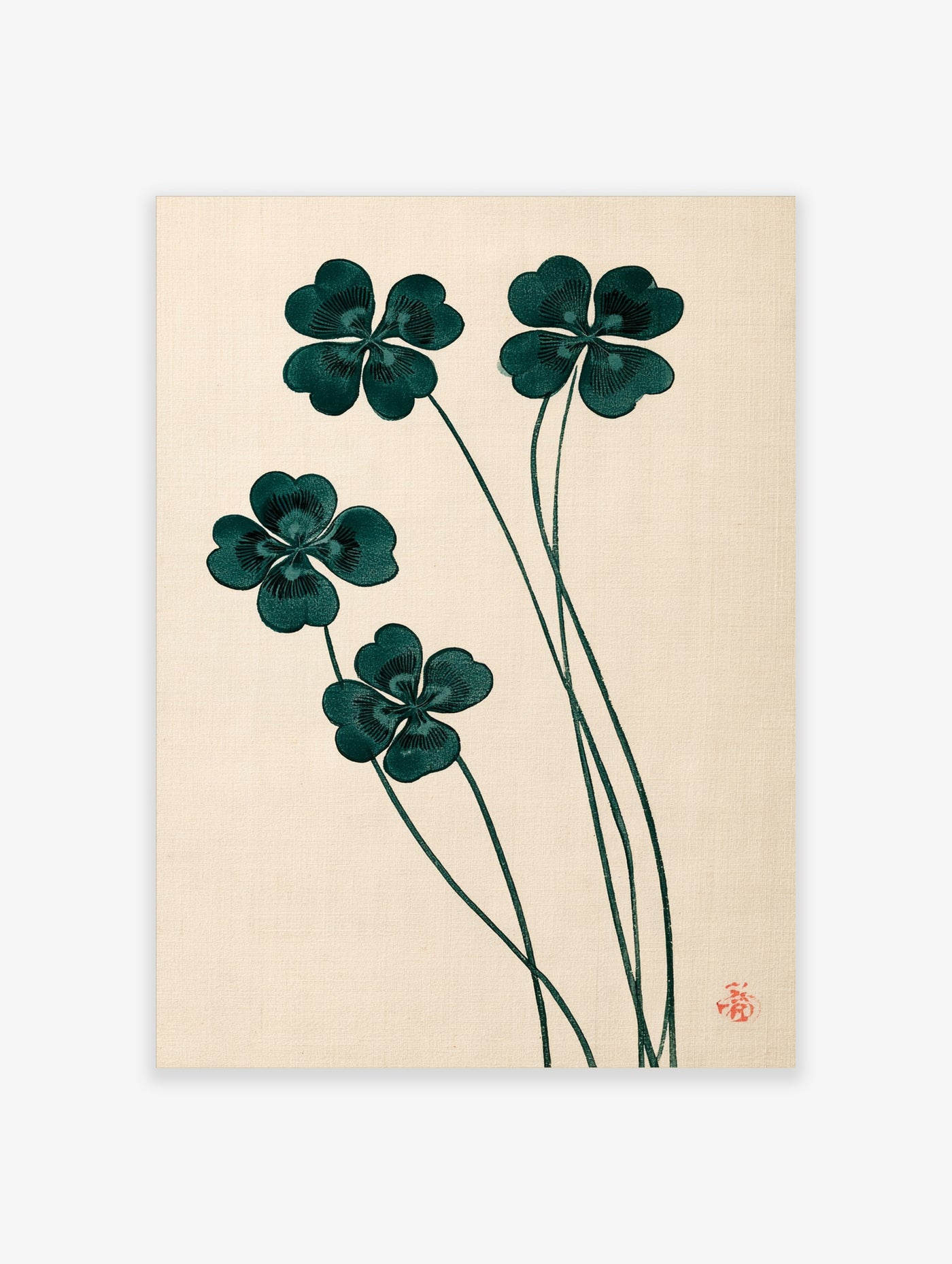 Botanical illustration of four-leaf clovers with deep green leaves on a cream background, featuring a red kanji stamp