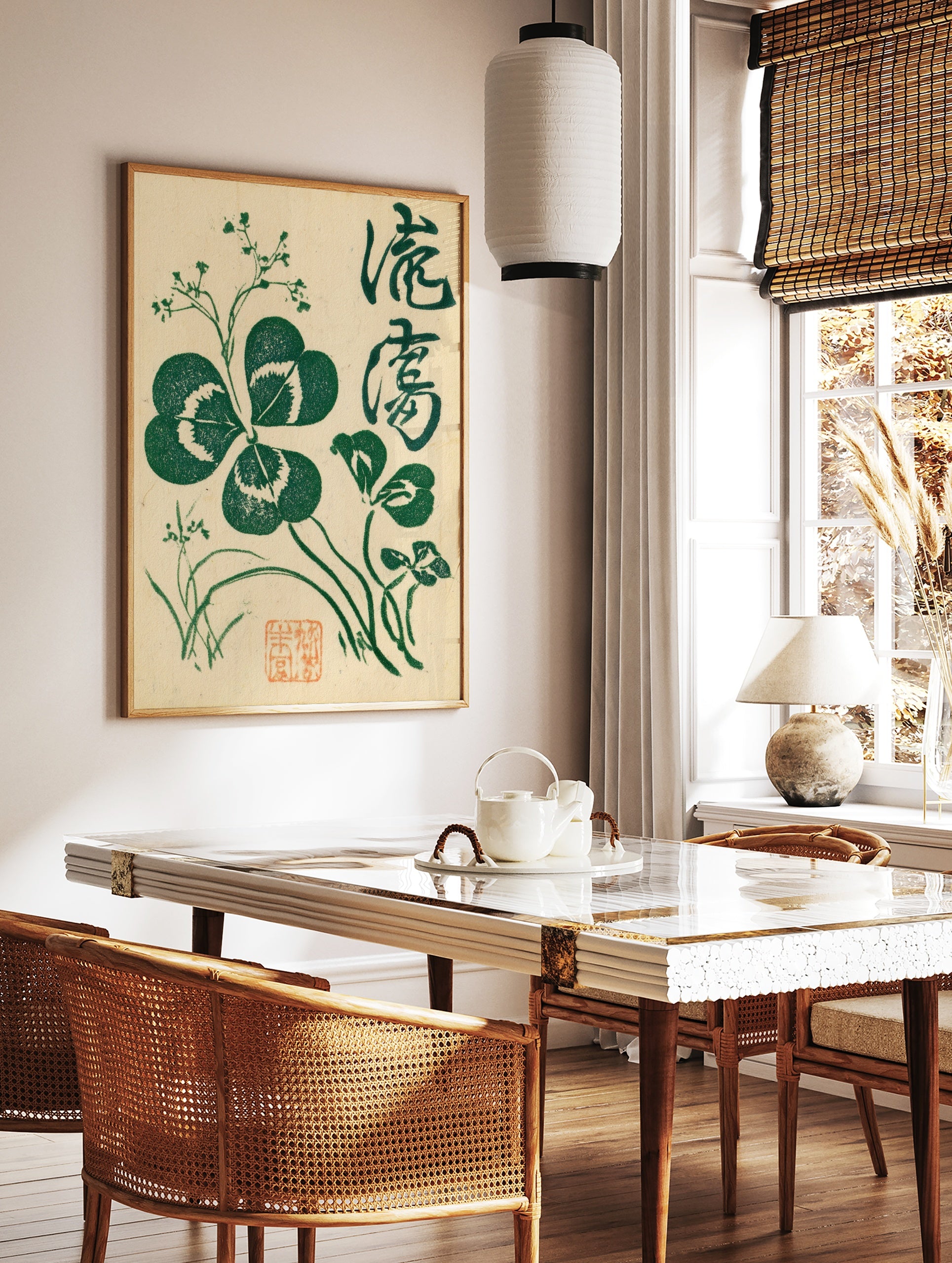 Botanical clover illustration with Japanese calligraphy and red seal on cream background, in a styled room mockup