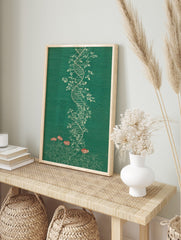 Botanical DNA double helix wall art with white vines, green leaves, and red flowers on a, in an alternate framed mockup