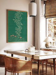 Botanical DNA double helix wall art with white vines, green leaves, and red flowers on a green, in a styled room mockup