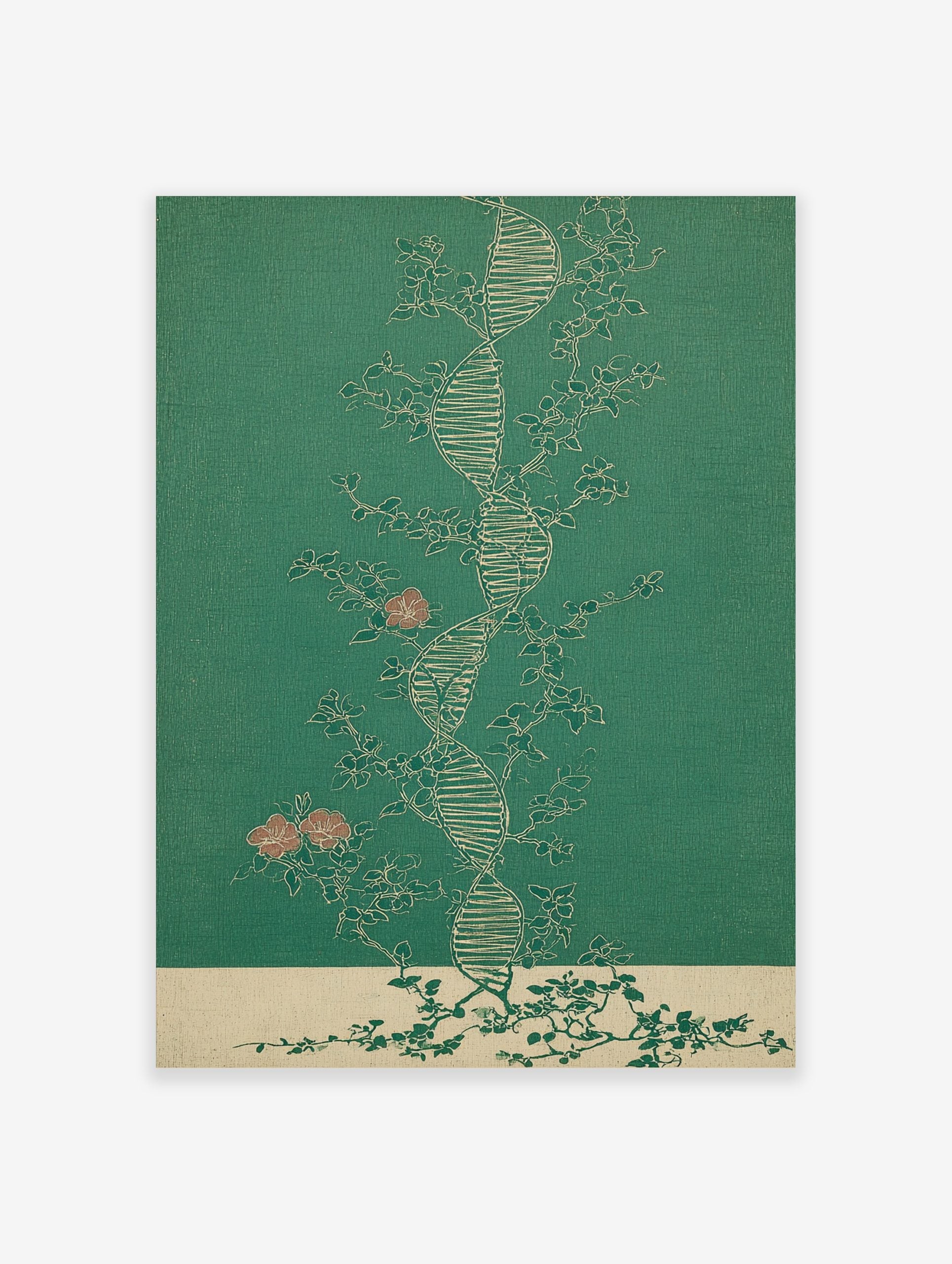 Botanical DNA double helix wall art with flowering vines and pink blossoms on a green background