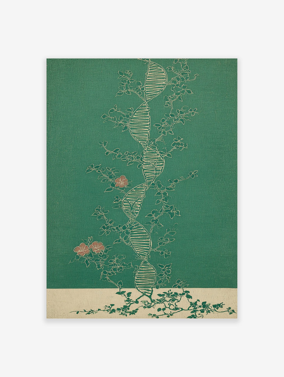 Botanical DNA double helix wall art with flowering vines and pink blossoms on a green background