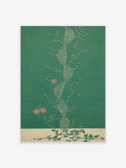 Botanical DNA double helix wall art with flowering vines and pink blossoms on a green background