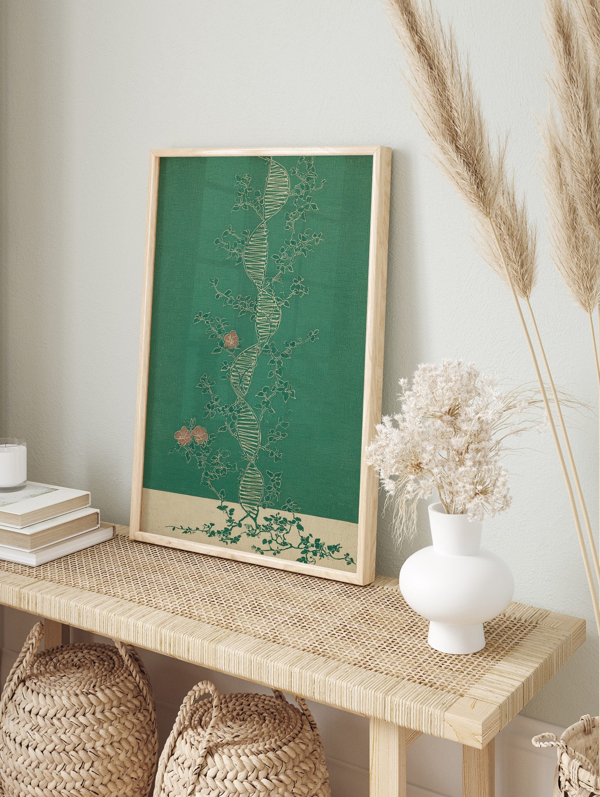 Botanical DNA double helix wall art with flowering vines and pink blossoms on a green, in an alternate framed mockup
