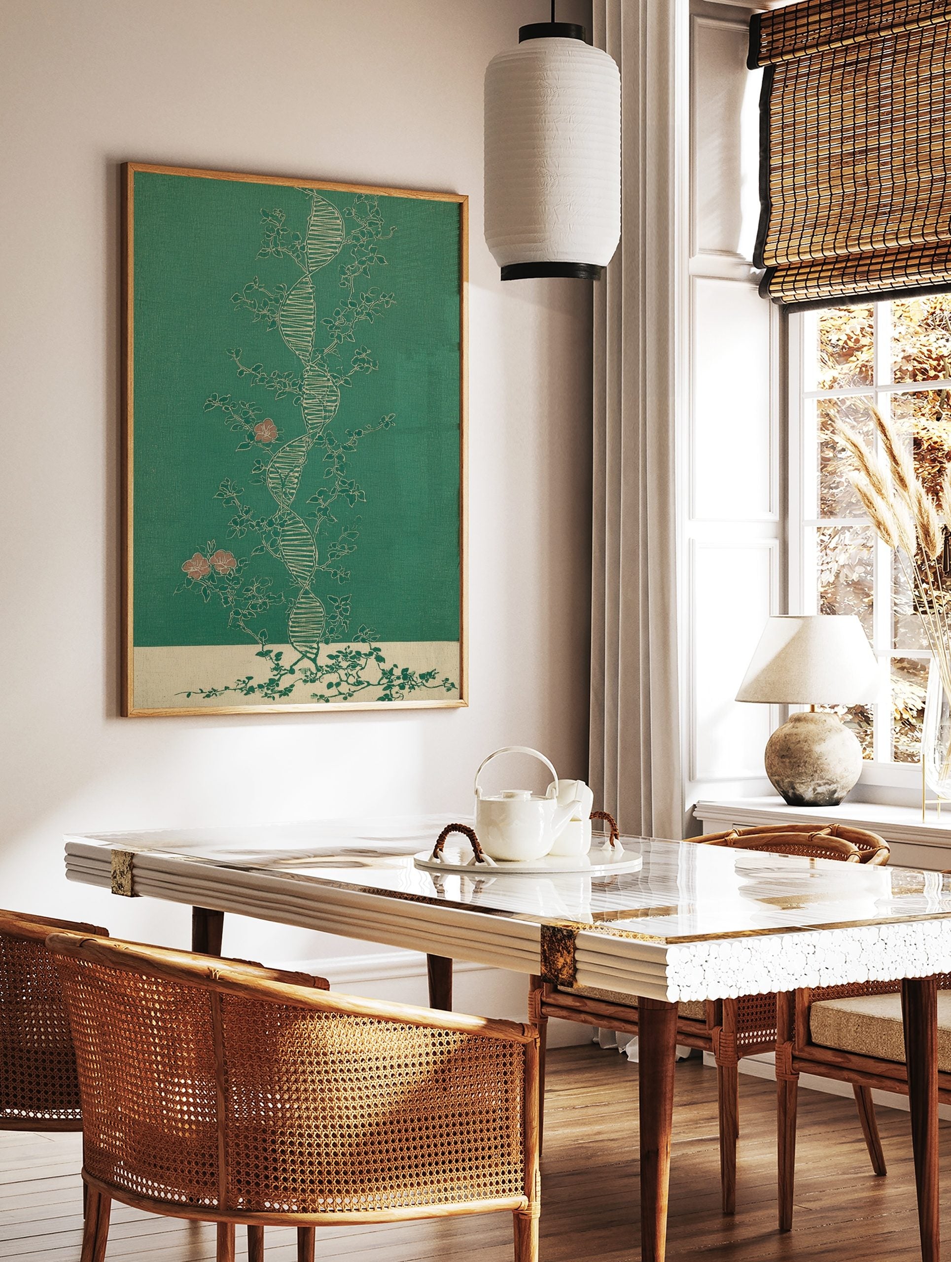 Botanical DNA double helix wall art with flowering vines and pink blossoms on a green background, in a styled room mockup