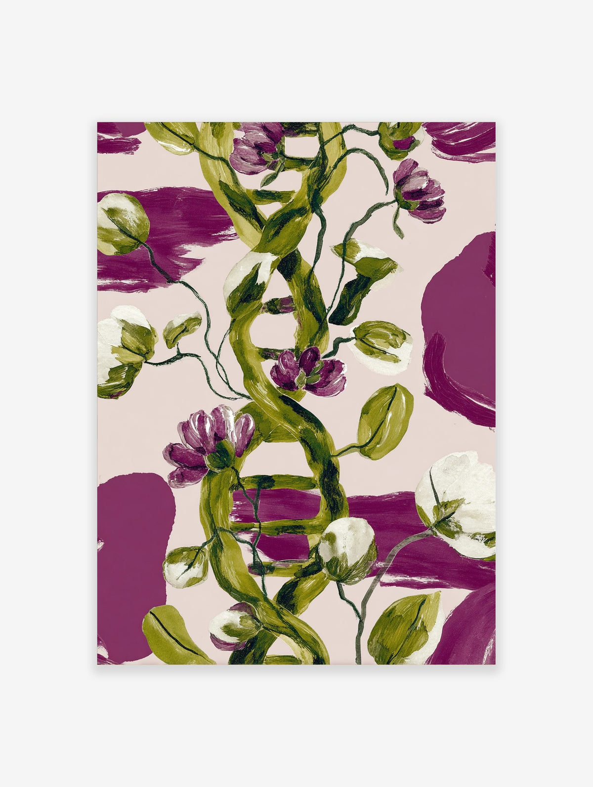 Green DNA helix with purple and white flowers botanical art print on a pale pink background with magenta accents