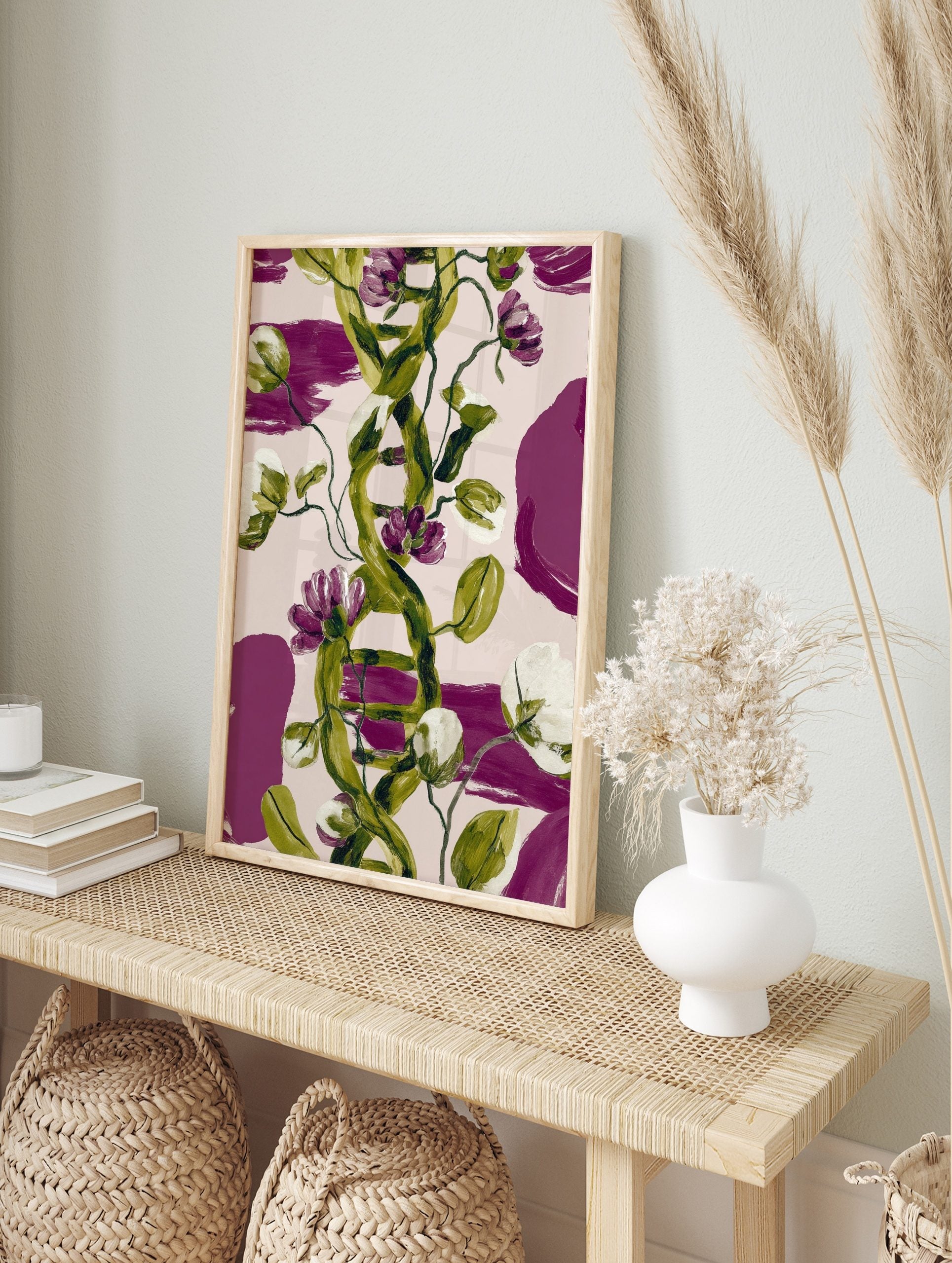Green DNA helix with purple and white flowers botanical art print on a pale pink background, in an alternate framed mockup