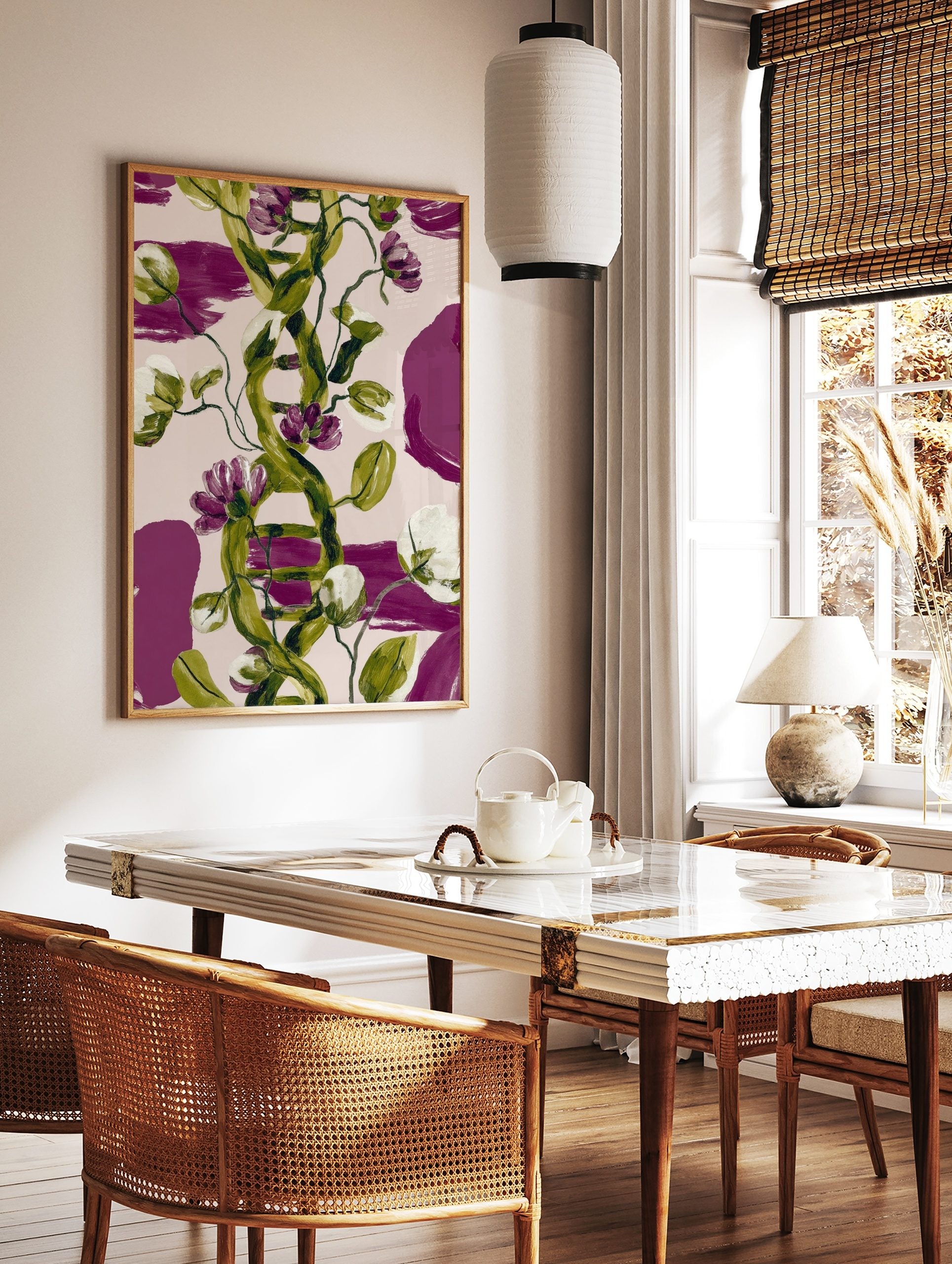 Green DNA helix with purple and white flowers botanical art print on a pale pink background with, in a styled room mockup