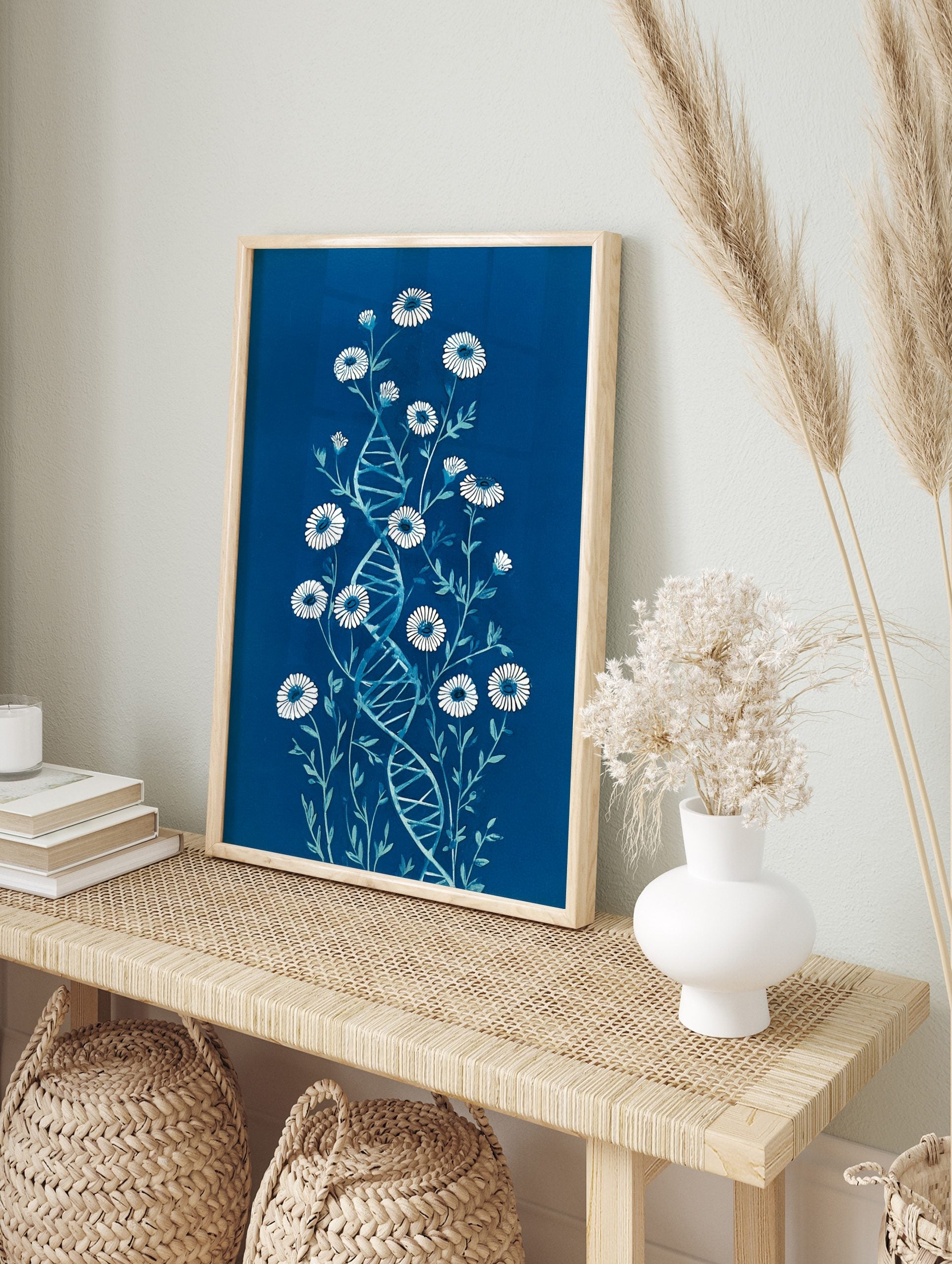 Botanical DNA illustration with white daisy-like flowers and a blue double helix on a dark, in an alternate framed mockup