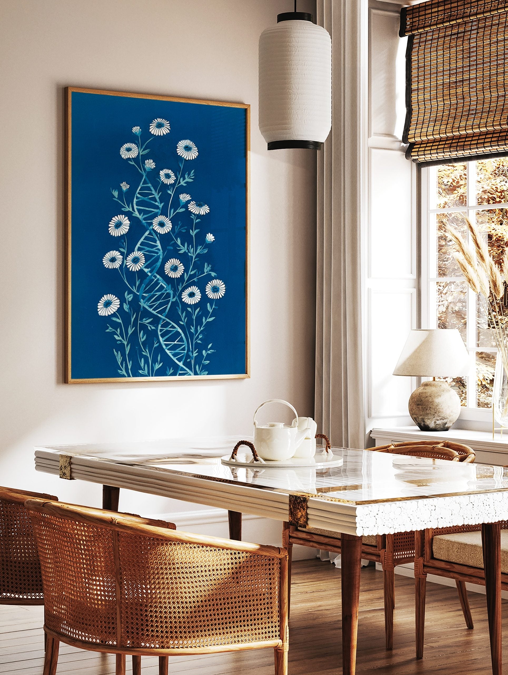 Botanical DNA illustration with white daisy-like flowers and a blue double helix on a dark blue, in a styled room mockup