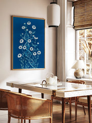 Botanical DNA illustration with white daisy-like flowers and a blue double helix on a dark blue, in a styled room mockup