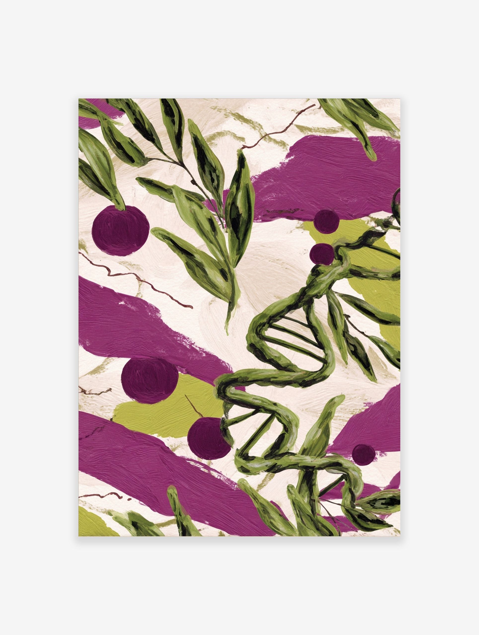 Illustrative green DNA helix, leaves, and purple berries on textured cream background with purple and green strokes