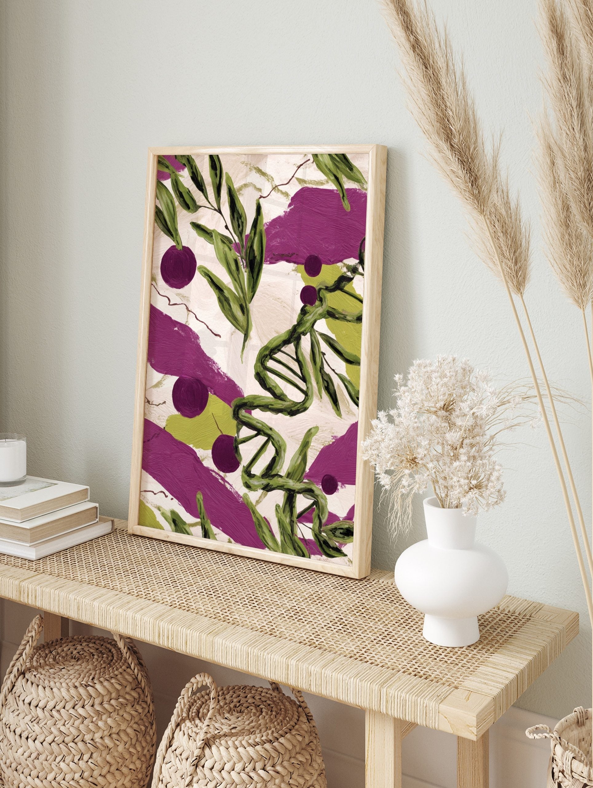 Illustrative green DNA helix, leaves, and purple berries on textured cream background with, in an alternate framed mockup