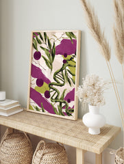 Illustrative green DNA helix, leaves, and purple berries on textured cream background with, in an alternate framed mockup
