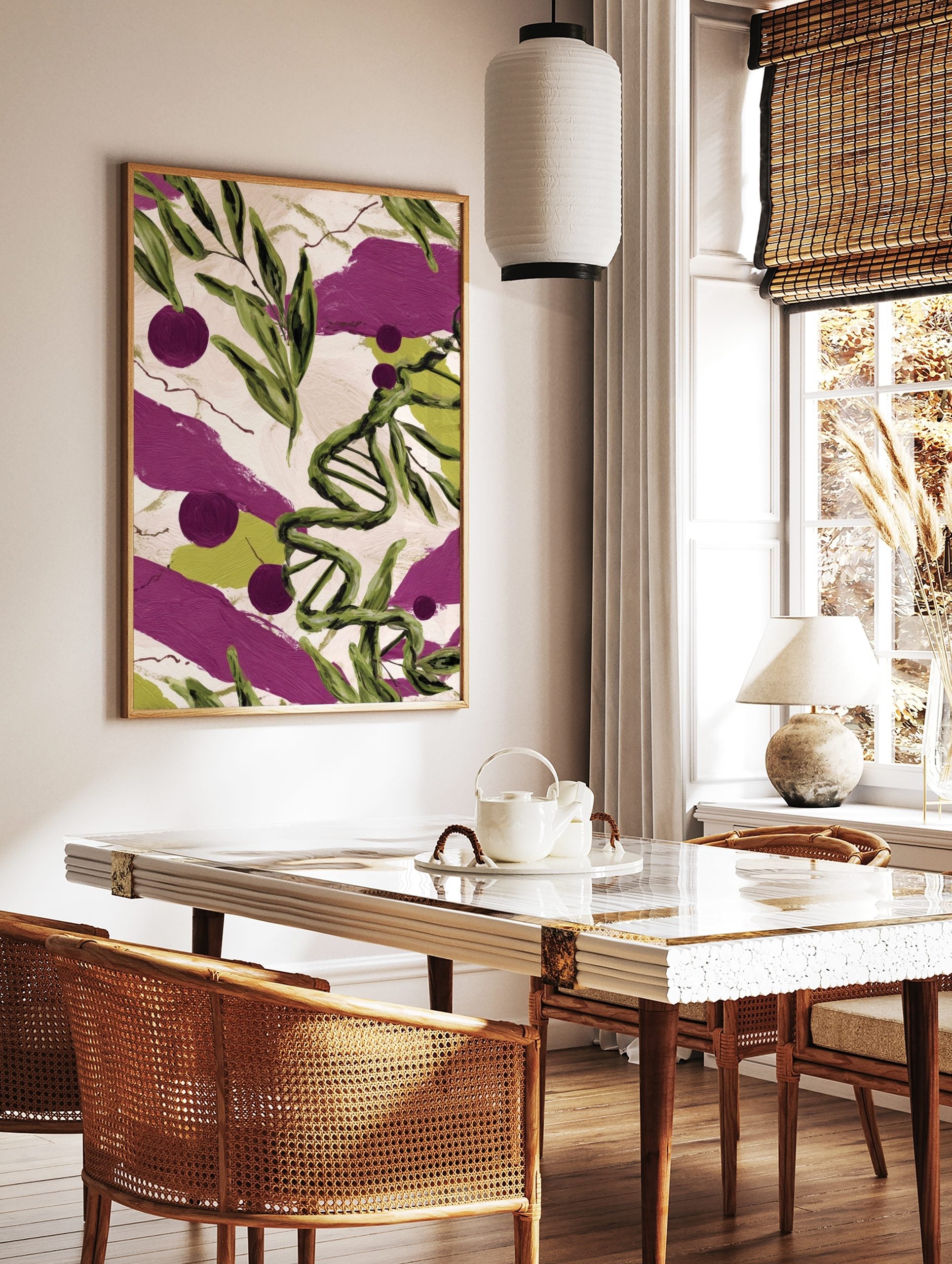 Illustrative green DNA helix, leaves, and purple berries on textured cream background with purple, in a styled room mockup