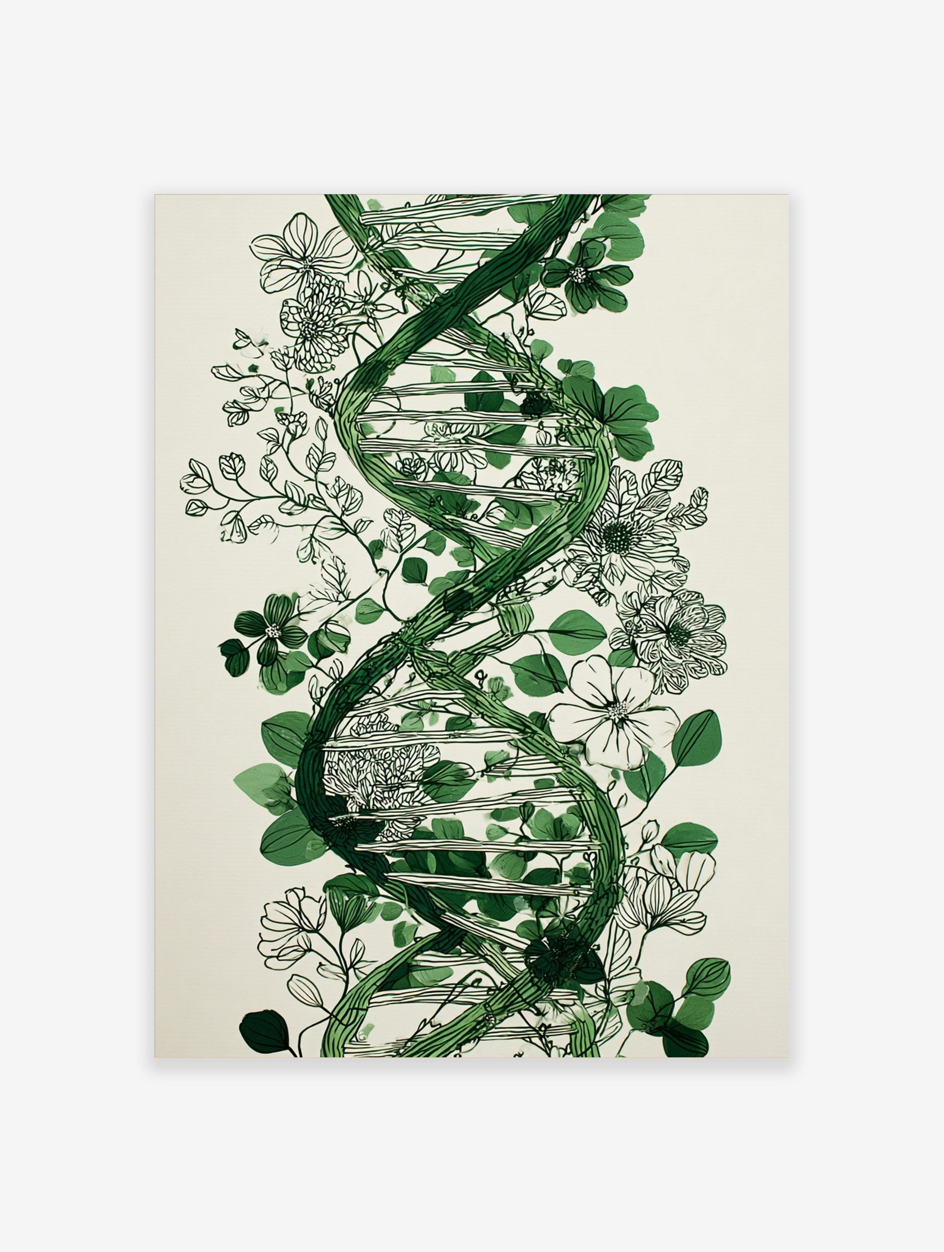 Green DNA helix intertwined with black outline botanical flowers and leaves on a light background
