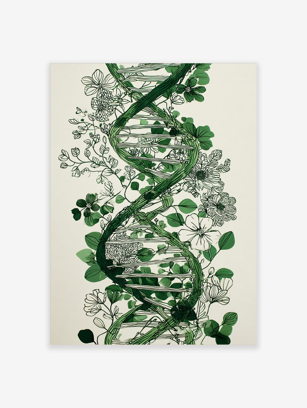 Green DNA helix intertwined with black outline botanical flowers and leaves on a light background
