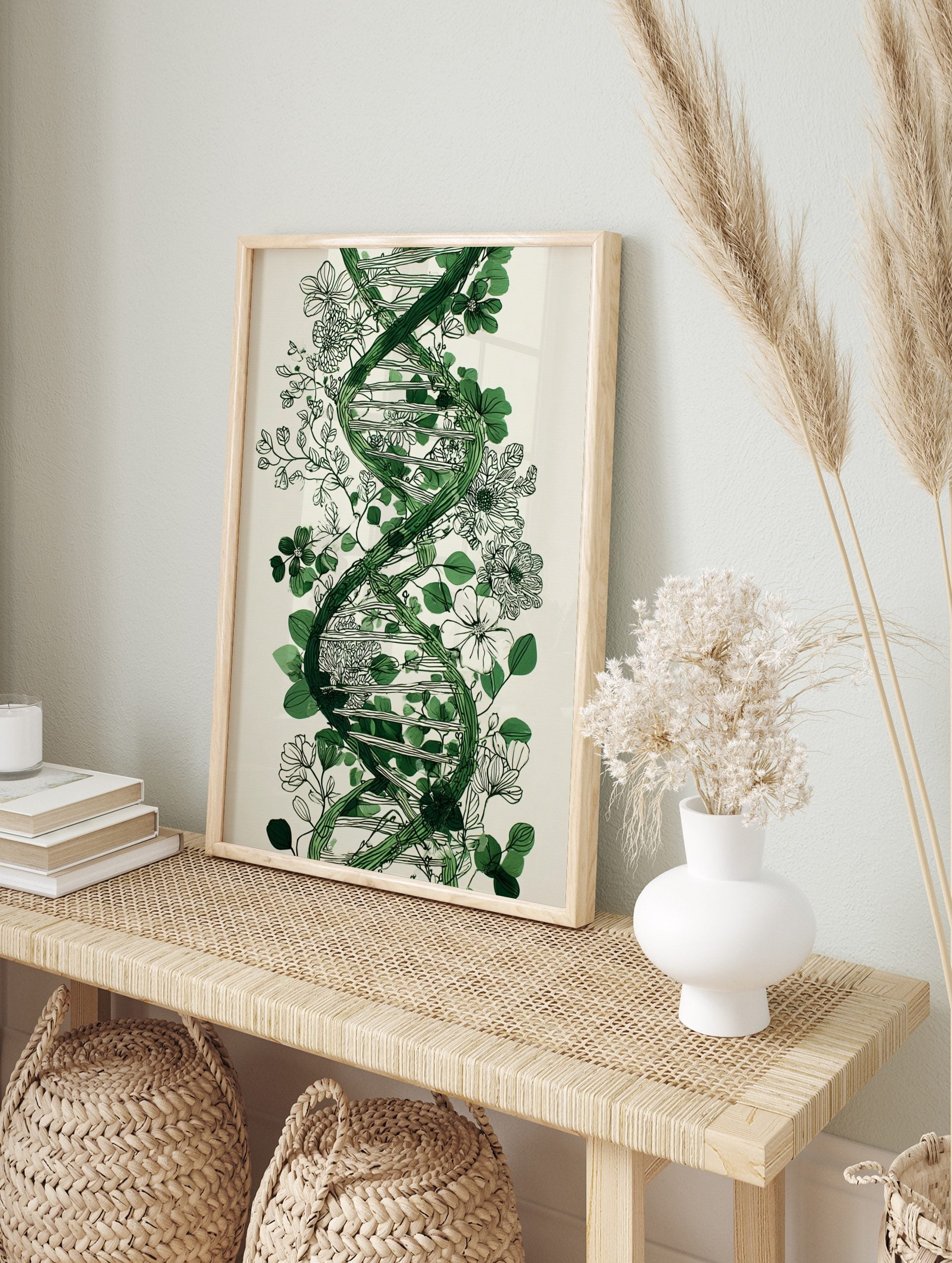 Green DNA helix intertwined with black outline botanical flowers and leaves on a light, in an alternate framed mockup