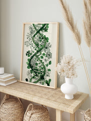 Green DNA helix intertwined with black outline botanical flowers and leaves on a light, in an alternate framed mockup