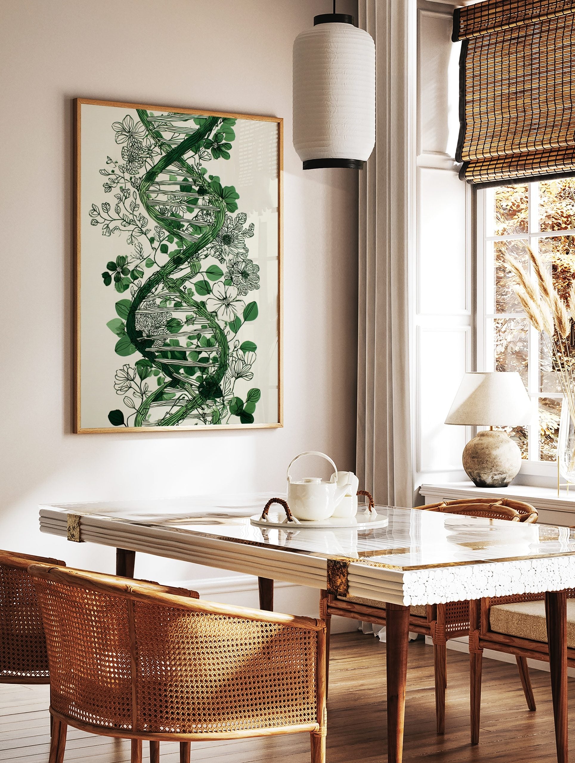 Green DNA helix intertwined with black outline botanical flowers and leaves on a light background, in a styled room mockup