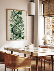 Green DNA helix intertwined with black outline botanical flowers and leaves on a light background, in a styled room mockup