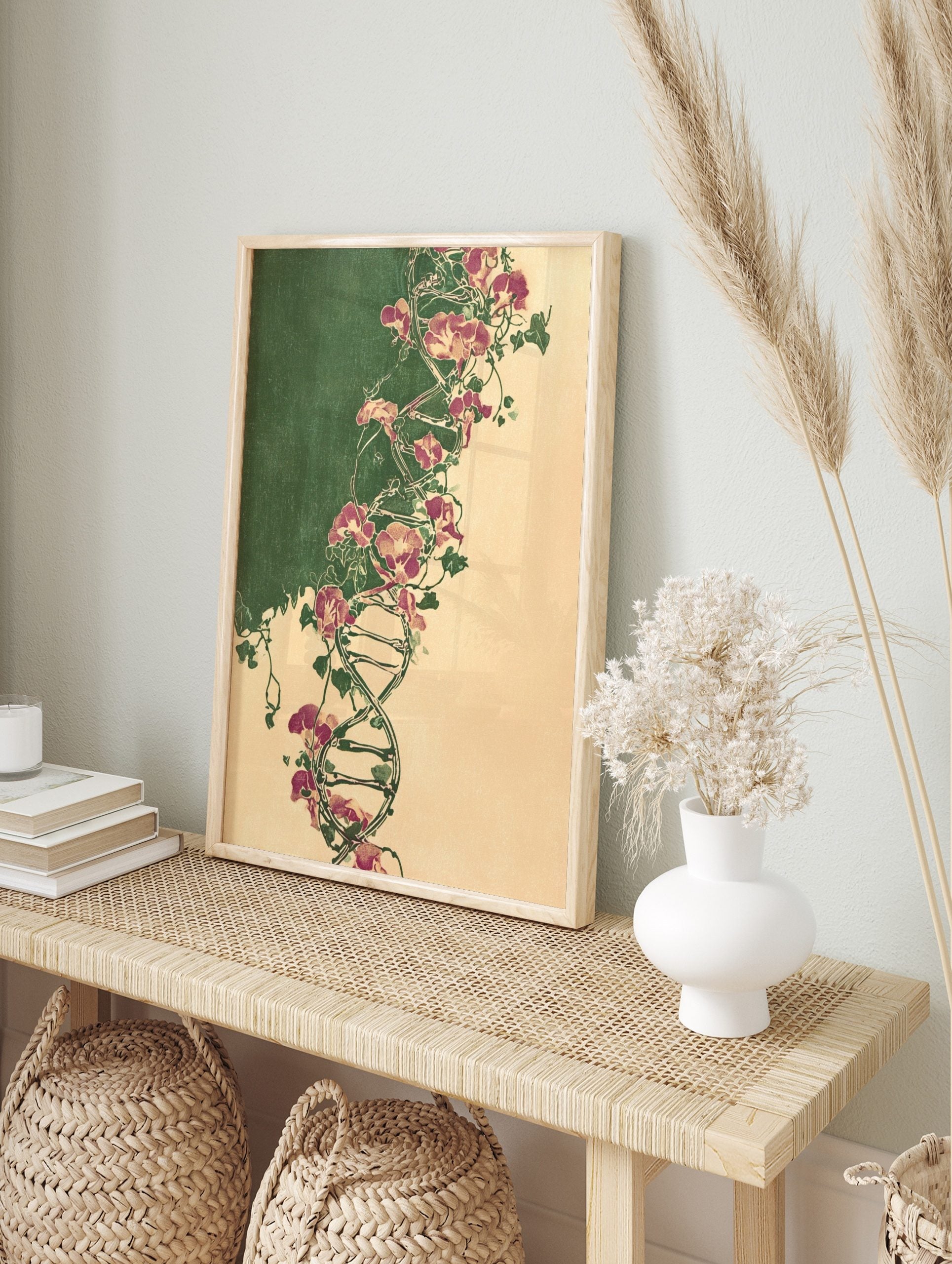Illustrative botanical DNA double helix entwined with purple sweet pea flowers and green, in an alternate framed mockup