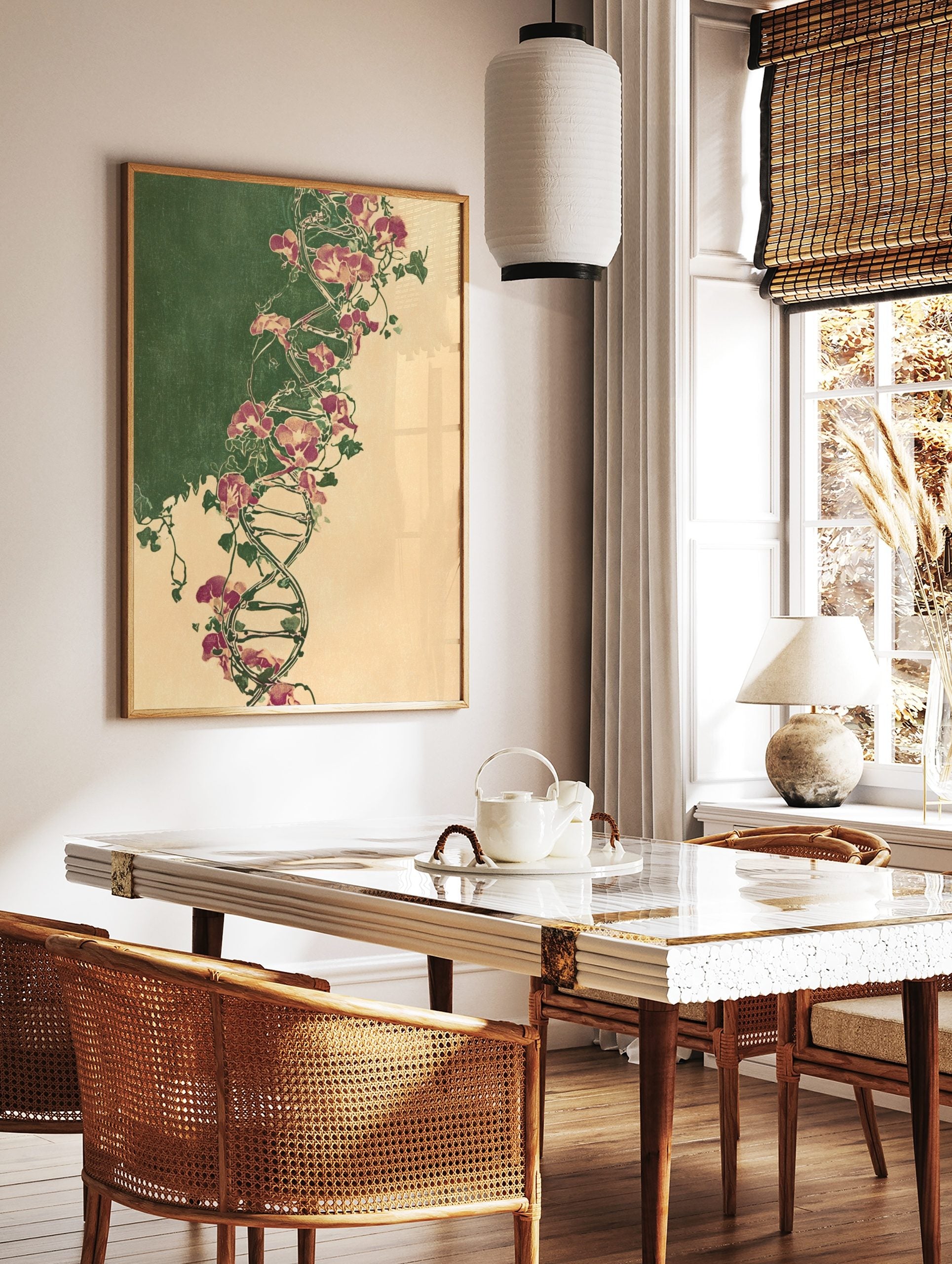 Illustrative botanical DNA double helix entwined with purple sweet pea flowers and green vines on, in a styled room mockup