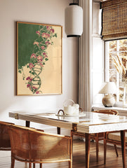 Illustrative botanical DNA double helix entwined with purple sweet pea flowers and green vines on, in a styled room mockup