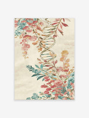 Watercolour DNA helix intertwined with pink, orange, and teal botanical flowers and leaves on beige background