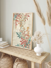 Watercolour DNA helix intertwined with pink, orange, and teal botanical flowers and leaves on, in an alternate framed mockup