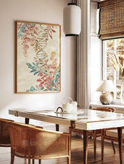 Watercolour DNA helix intertwined with pink, orange, and teal botanical flowers and leaves on beige, in a styled room mockup