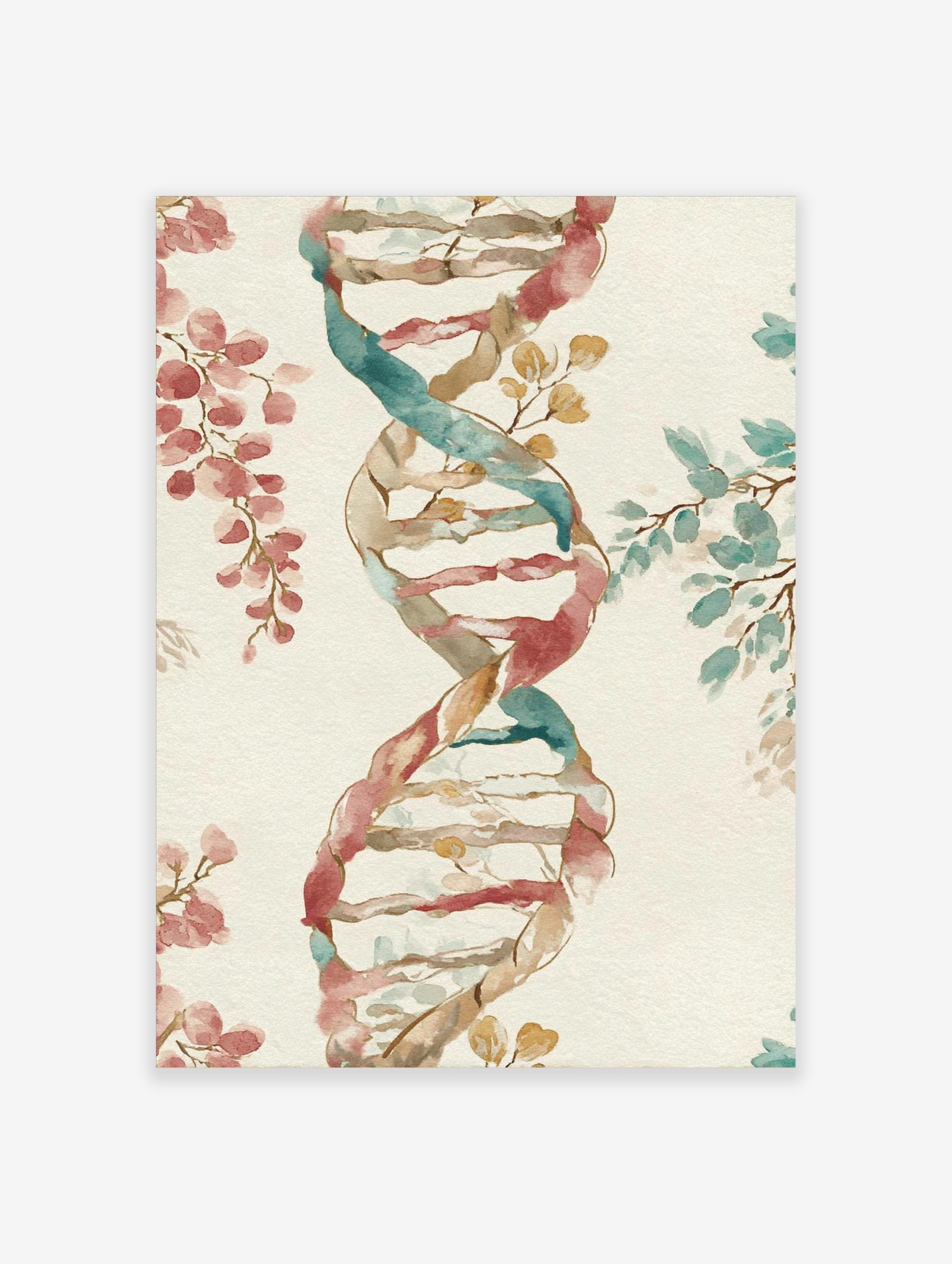 Watercolour DNA double helix with interwoven reddish-pink and teal botanical leaves on a cream background