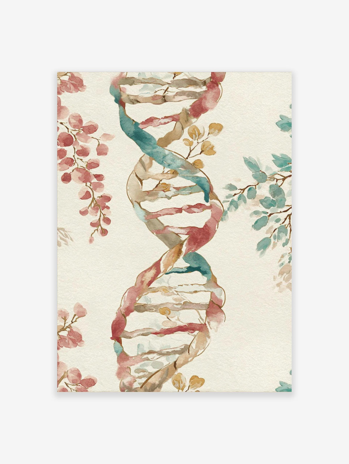 Watercolour DNA double helix with interwoven reddish-pink and teal botanical leaves on a cream background