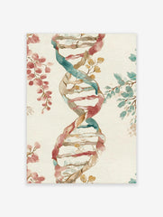 Watercolour DNA double helix with interwoven reddish-pink and teal botanical leaves on a cream background