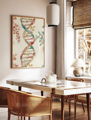 Watercolour DNA double helix with interwoven reddish-pink and teal botanical leaves on a cream, in a styled room mockup