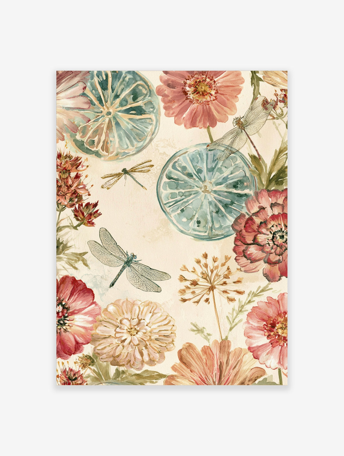Watercolour citrus slices and pink flowers with two dragonflies on a beige background