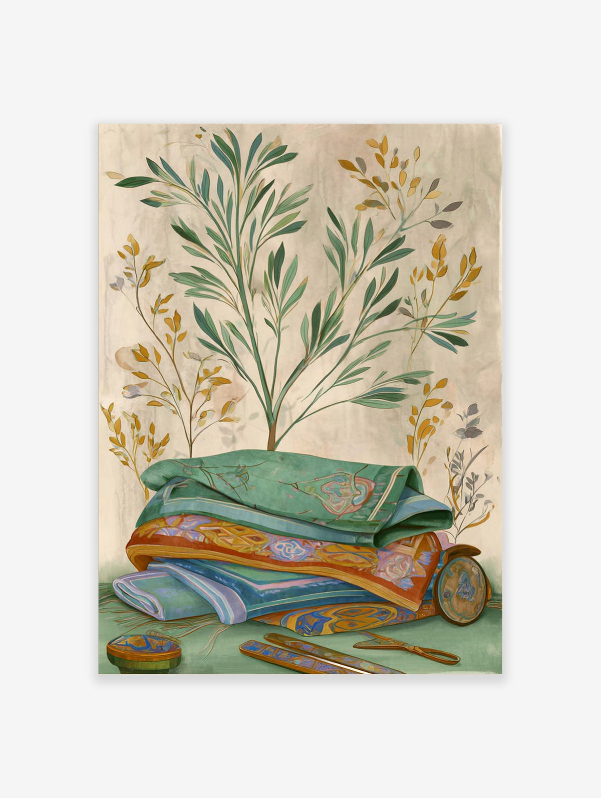 Botanical still life poster with stacked patterned fabrics, leafy branches, magnifying glass and boxes on beige background