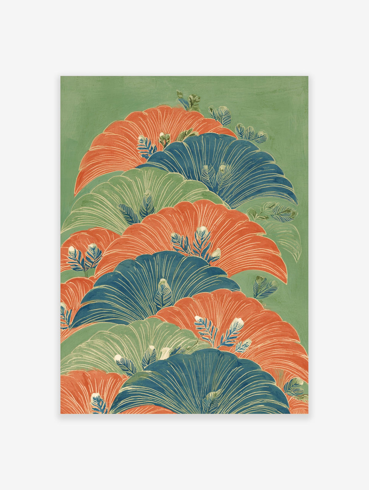 Illustrative botanical wall art with layered fan-like leaves in orange, blue, and green on a green background